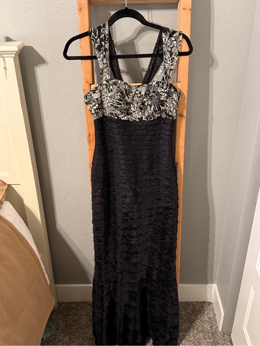 JS Collections Black Maxi Dress with Silver Floral Bodice